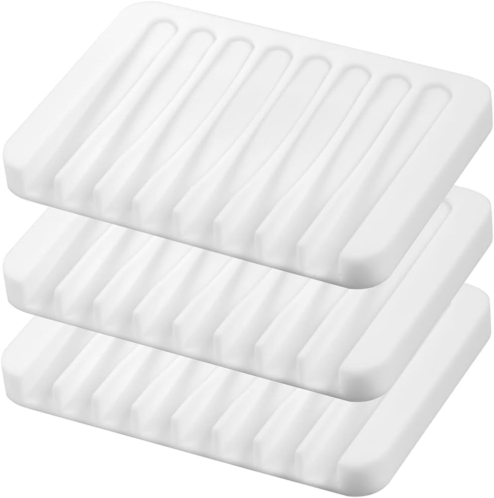 3PCS Self Draining Soap Holder, Premium Silicone Soap Dish, Soap Saver for Shower, Bathroom, Kitchen, Bath Tub, Sponges, Keep Soaps Bars Dry Clean, Easy Clean, Extend Soaps Life (White)