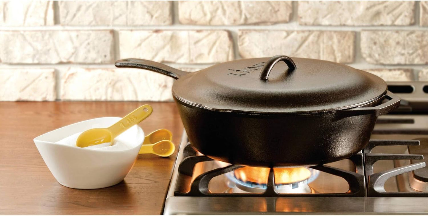 5 Quart Pre-Seasoned Cast Iron Deep Skillet with Lid - Signature Teardrop Handle & Assist Handle - Use in the Oven, on the Stove or Grill, or over a Campfire - Use to Sear, Sauté, Bake, Broil, Braise, Fry, or Grill - Black