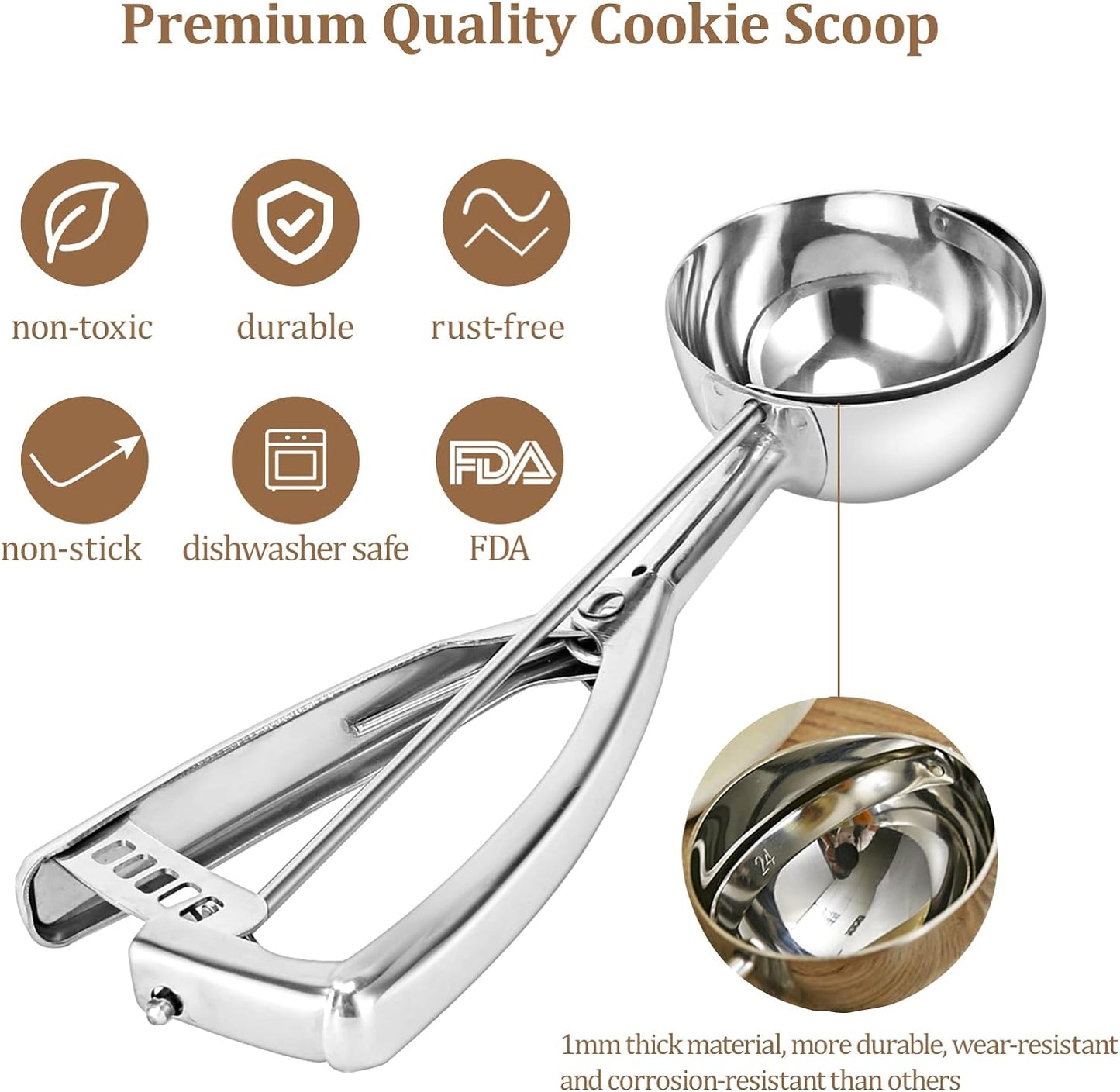 Cookie Scoop for Baking Set of 3 - Ice Cream Scoop Stainless Steel - Ice Cream Scooper with Trigger Release for Melon Baller