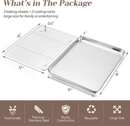 Baking Sheet with Rack Set (2 Pans + 2 Racks), 16 X 12 X 1 Inch, Stainless Steel Baking Pan Cookie Sheet with Cooling Rack for Baking, Non Toxic & Healthy, Easy Clean & Dishwasher Safe