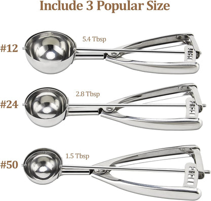 Cookie Scoop for Baking Set of 3 - Ice Cream Scoop Stainless Steel - Ice Cream Scooper with Trigger Release for Melon Baller