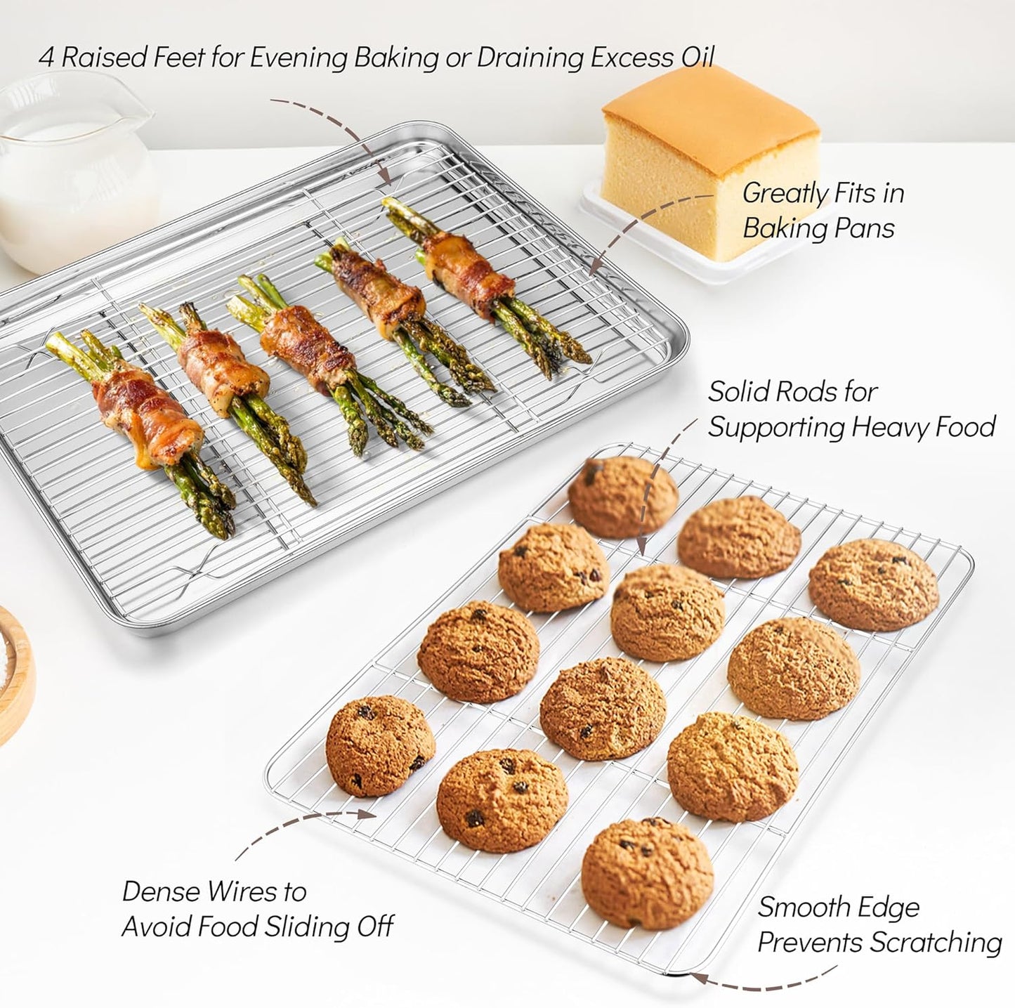 Baking Sheet with Rack Set (2 Pans + 2 Racks), 16 X 12 X 1 Inch, Stainless Steel Baking Pan Cookie Sheet with Cooling Rack for Baking, Non Toxic & Healthy, Easy Clean & Dishwasher Safe